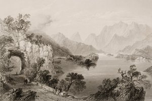 The Upper Lake Killarney-ban, Killarney megye, Írország, George Virtue „Scenery and Antiquities of Ireland” című művéből, 1860-as évek alkotó: William Henry Bartlett