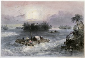 Fa és Rapids szállítása Cedars falujába – Bartlett W. H. „” kanadai tájképben illusztrálva. alkotó: William Henry Bartlett