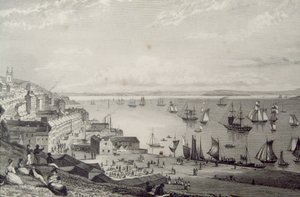 Cobh kikötő képe Rostellan felé, Cork megye, Írország az 1830-as években, George Virtue „Scenery and Antiquities of Ireland” című művéből, 1860-as évek alkotó: William Henry Bartlett