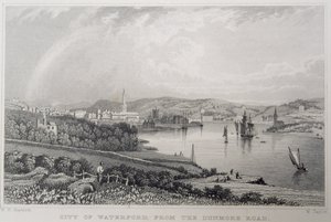 Waterford kilátása a Dunmore Roadról, Írország, W. Taylor metszetével alkotó: William Henry Bartlett