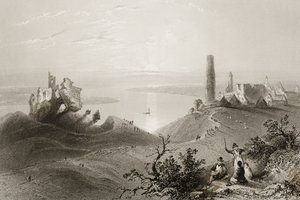 Kilátás a „Clonmacnois hét templomára”, Offaly megye, Írország, George Virtue „Scenery and Antiquities in Ireland” című művéből, 1860-as évek alkotó: William Henry Bartlett