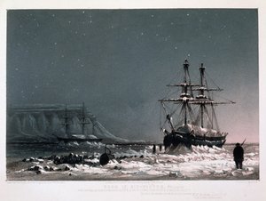 Délben: Tél közepén, Port Leopold, a „Tíz színes nézet a Her Felsége Enterprise and Investigator hajóinak sarkvidéki expedíciója során Sir James C. Ross kapitány parancsnoksága alatt” című filmből, engra
