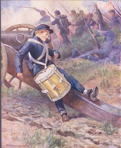 Ágyú mögé kúszott, és egyre sápadtabb lett, illusztráció a „Híres harcok balladái” 1900 körül.
