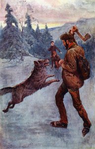 "Kilőtt, és a vadállat abban a pillanatban, amikor rugózni kezdett, felborult, vicsorogva és sziszegve" (színes litho)