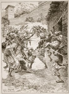Harley hadnagy, negyven szikh és hatvan kasmíri élén, a házra rontott a bánya száján keresztül, illusztráció Archibald Forbes, G.A. Henty és a "Battles of the Nineteenth Century" című könyvéből.