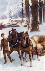 "Vannak, akik fák kivágásával foglalkoztak, mások lovakkal vonszolták a törzset, szánra rakva, a kemény havon" (színes litho)