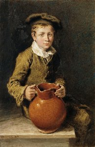 Egy fiú egy padon ül egy kancsóval, 1839