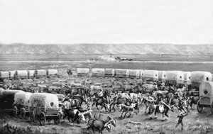 Ökrök igában fedett kocsik karámában W. H. Jackson, Scotts Bluff festményén, Nebraska: kb. 1875