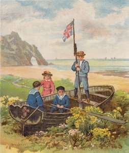 Gyerekek csónakban játszanak a tengerparton (chromolitho)