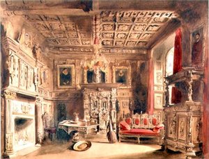 Tudor belső tér (barna tinta és akvarell papíron)