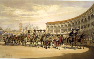 A torerók belépése a körmenetben. Lake Price (c1810-1896) angol művész. Bikaviadorok feldolgozása a sevillai stadionban, Spanyolország. Corrida Matador Hagyományőrző Jelmez Vér Sport Látvány