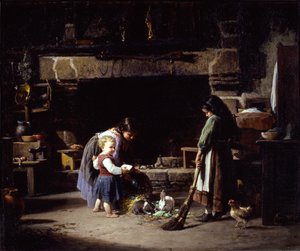 Farm belső terei: Nyulakat etető breton gyerekek, 1878.
