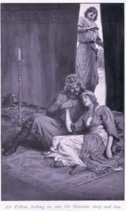 Sir Pelleas benézett, és látta, hogy Sir Gawaine lehajol és megcsókolja Ettard hölgyet alkotó: William Henry Margetson