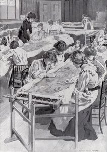 A Királyi Művészeti Iskola diákjai kézimunka a királyok koronázási köntösét hímzve alkotó: William Henry Margetson