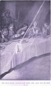 A fehér selyemmel borított Szent Grál bejött a hallba alkotó: William Henry Margetson