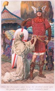 Ekkor Sir Percivale nővére az övre akasztotta a hüvelyes kardot, és Galahad derekára övezte. alkotó: William Henry Margetson
