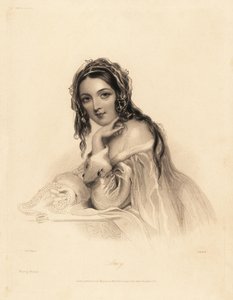 Amy portréja. A szépség fátylat visel, hosszú haja fölött, hermelin szegélyű vállú ruha, kezében gyöngy nyaklánc. William Henry Mote acéltörzs-metszete John Hayter illusztrációja után Charles Heath angol gyöngyei vagy Portrék for th című művéből alkotó: William Henry Mote