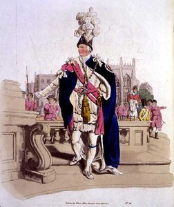 Harisnyakötő lovagja, a William Miller által kiadott „Nagy-Britannia jelmezéből”. alkotó: William Henry Pyne