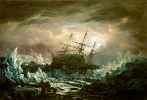 A HMS "Terror" veszélyes helyzete Back kapitány vezetésével a sarkvidéki területeken 1837 nyarán. alkotó: William Henry Smyth