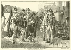 Egy önkéntes három préselt embert ér (metszet) alkotó: William Heysham (after) Overend