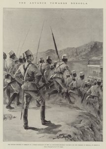 Előrenyomulás Dongola felé, a 11. szudanai ezred néger zászlóaljának parancsnoka, a brit tiszt, aki figyeli embereit a Shellalban, március 18-án (litho) alkotó: William Heysham (after) Overend