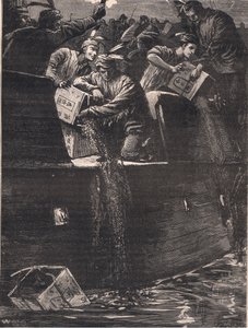 Indiánnak álcázott bostoni fiúk dobják a teásládákat a kikötőbe, AD 1773