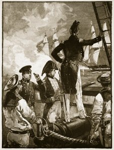 Walpole kapitány elfogja Saldanha herceg hajóit, illusztráció a „Cassell illusztrált Anglia történetéből” (szépia fotó)