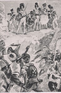 Carmichael követői egy sortüzet lőttek a sűrű embercsoportba: Bharatpur-i csata 1826, illusztráció a brit szárazföldi és tengeri csatákból, 1915