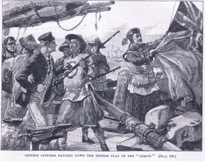 Kínai tisztek lehúzzák a brit zászlót a „nyíl”-on, i.sz. 1856