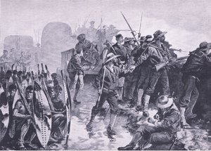 Egy láger védelme a zulu támadás ellen, illusztráció a brit szárazföldi és tengeri csatákból, 1915