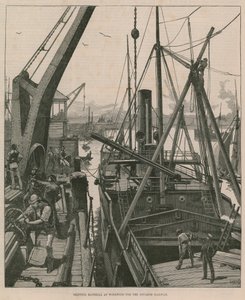 Szállítási anyagok Woolwichban a Souakim vasút számára (metszet) alkotó: William Heysham Overend