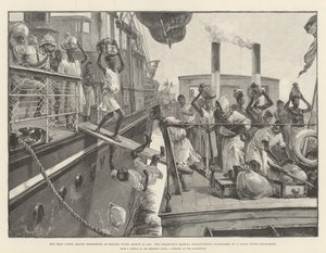 Az Emin pasa segélyexpedíció a Banana Pointban, 1887. március 18., a Madura gőzhajó átszállítja az utasokat egy Kongó folyó gőzhajójára