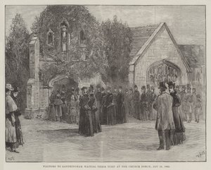 Clarence és Avondale néhai hercegének temetése, Sandringham látogatói, akik sorra várnak a templom tornácán, 1892. január 18.
