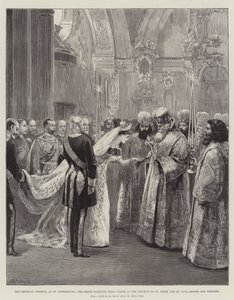 Császári esküvő Szentpéterváron, a menyasszony szenteltvizet kap a Szent Péter és Pál templomban az esküvő előtt