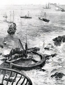 A walesi herceg és Edinburgh hercege az új Eddystone világítótorony alapkövét rakja le, illusztráció a „The Illustrated London News”-ból, 1879
