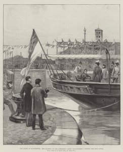 A királynő Manchesterben, Őfelsége, az Admiralty Yacht Enchantressben, megnyitja a Hajócsatornát