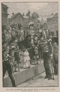 A királynő a krími érmet osztogatja a lóőrök felvonulási területén alkotó: William Heysham Overend