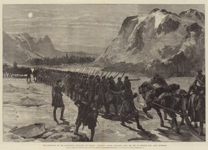 A lázadás Kanada északnyugati területén, gyarmati csapatok vonulnak át a Nepigon-öböl jegén, a Felső-tónál alkotó: William Heysham Overend