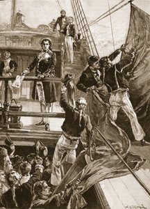 A Spithead-i lázadás: a vörös zászló lehúzása a „Royal George”-on, 1797, illusztráció a „Cassell illusztrált Anglia történetéből” (szépia fotó)
