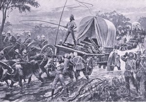 Zulu háború: Az Estowe Segélyerő átkelés egy patakon, 1879. április, illusztráció a brit szárazföldi és tengeri csatákból, 1915