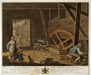 Egy Scutch Mill belső képe, The Linen Manufactory of Ireland, 1791, V. tábla,