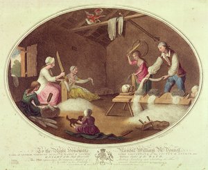 A len bogozásának, kaparásának és fonatolásának szokásos módszere, "The Linen Manufactory of Ireland" IV. táblája, 1791 (színes litográfia)