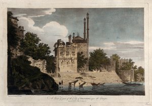 Benares város egy részének látképe a Gangesz partján alkotó: William Hodges