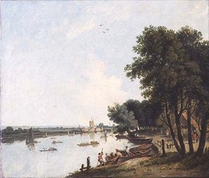 Kilátás a Temzére a Chelsea-ben, a posta malomjával a Nine Elms-ben azon túl alkotó: William Hodges