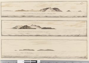 7. oldal a) Porto Santo kilátása. Az alsó széle mentén tintával ellátva: „Porto Santo nézete NNW-től WBW-ig, 5 mérföld távolságra” (b) Porto Santo nézete észak felé. A tintával az alsó széle: „Porto Santo panorámája, északi távolság 2 ligát”. (c) Nézet o alkotó: William Hodges