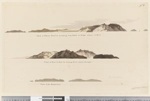 8. oldal (a) Porto Santo nézete NNW-től WBN-ig 5 mérföldre (b) Porto Santo nézete, északi távolság 2 ligával és (c) Kilátás a Desertersre alkotó: William Hodges