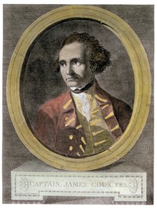 James Cook kapitány (1728-79) portréja az „Utazás a világ körül a déli sarkig” (későbbi színezés) előlapjáról