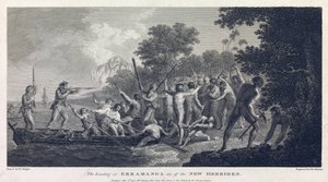 A partraszállás Erramangán (vagy Eromangán), Vanuatu (korábban Új-Hebridák, szigetcsoport a Csendes-óceánban) egyik szigetén, ahol egy kenu legénysége harcol a sziget harcosaival. alkotó: William Hodges
