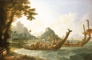 Otaheite szigetének (Tahiti) és a Társadalmi-szigeteknek a hadihajói, az Ohaneneno kikötőjének egy részével, Ulieta szigetén, a Társadalmi-szigetek egyikén. alkotó: William Hodges