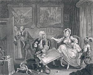 Egy szajha haladása, második lemez: Veszekedik zsidó védelmezőjével, 1732 (metszet és metszet) alkotó: William Hogarth